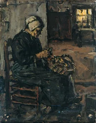 Boerin die aardappelen schilt